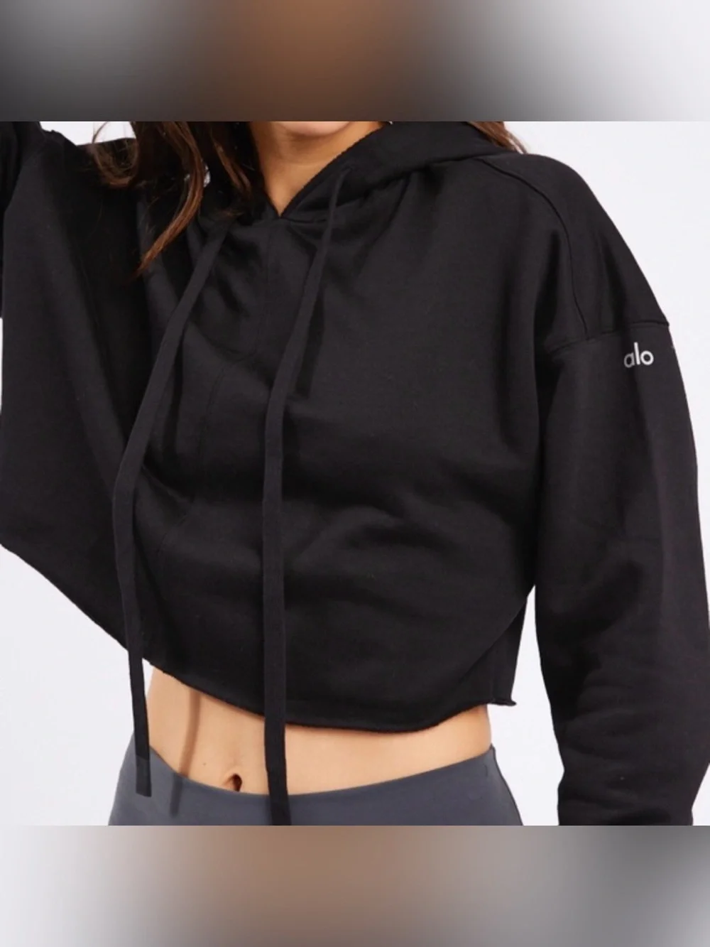 ALO Yoga Black Cropped Hoodie with Drawstring
